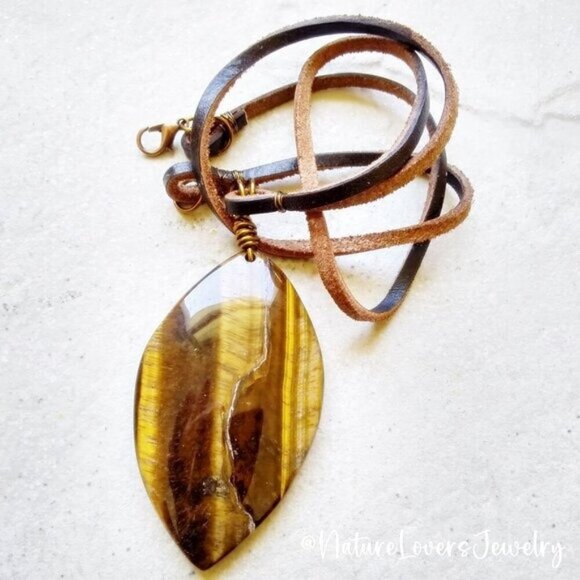TigerEye Stone Tablet Medallion on Rough Flat Leather Cord! Masculine & Sexy - Picture 1 of 10